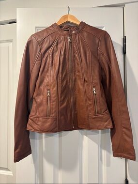 Guess Women's Brown Leather Zip Motorcycle Jacket